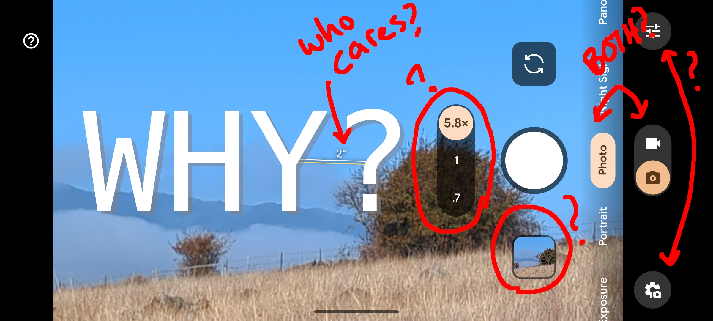 A mockup showing some of the bizarre user interface choices in the Android Camera app.