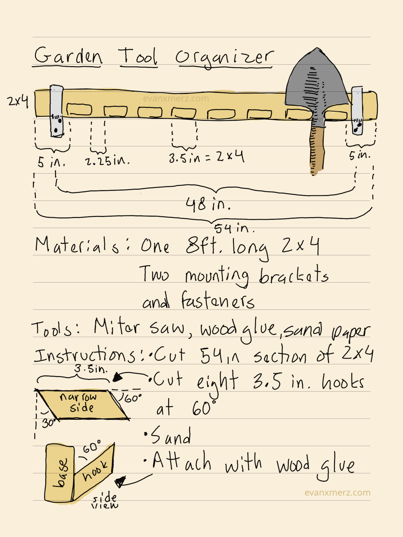 Plans for a garden tool rack that can be built with only a single 2x4