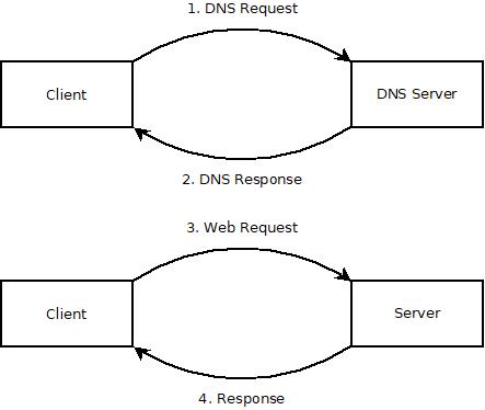 A client requests information from a DNS server before making a request to the main server.