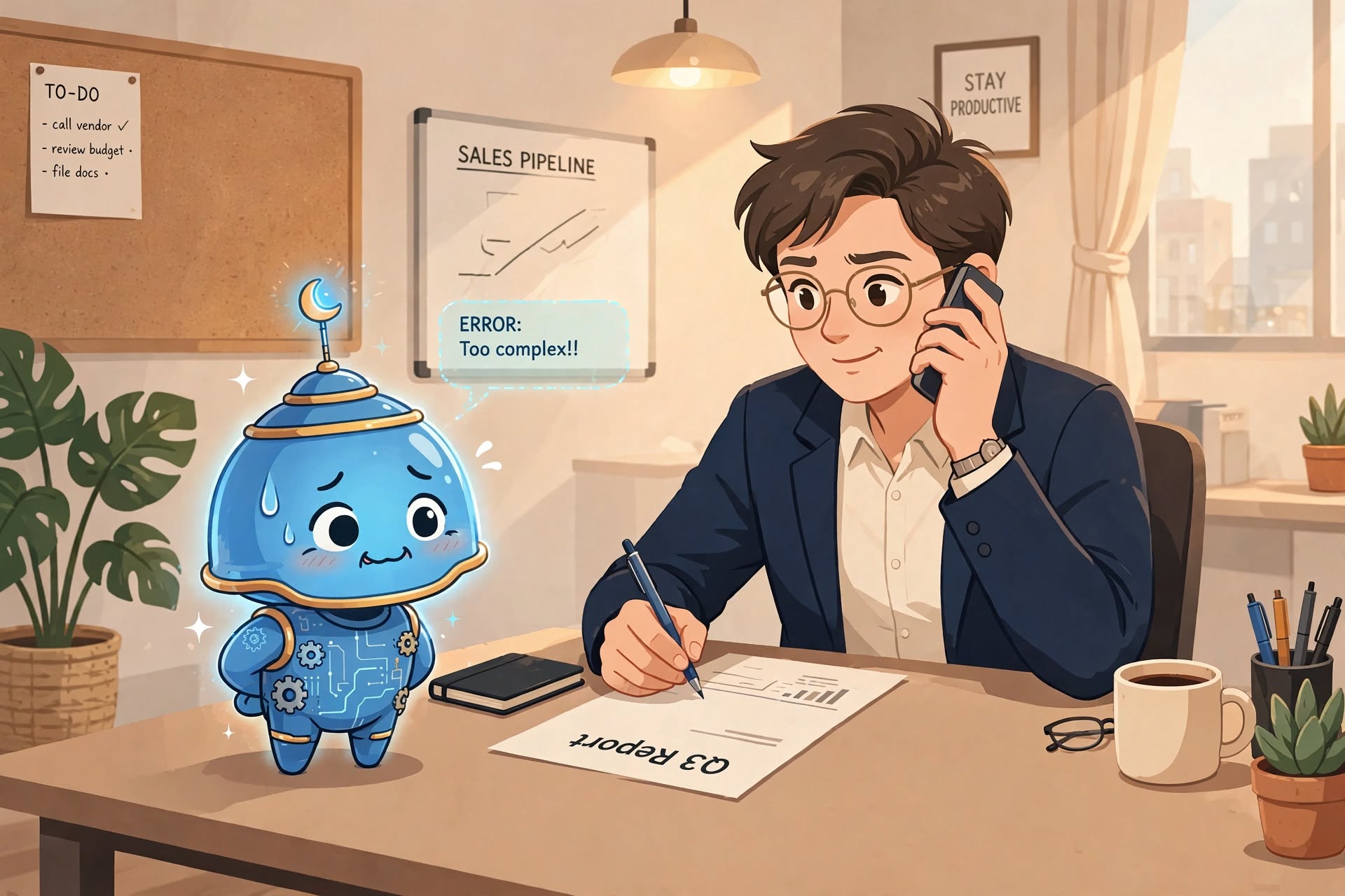 An AI bot sheepishly telling an office worker that it can't do a complex job