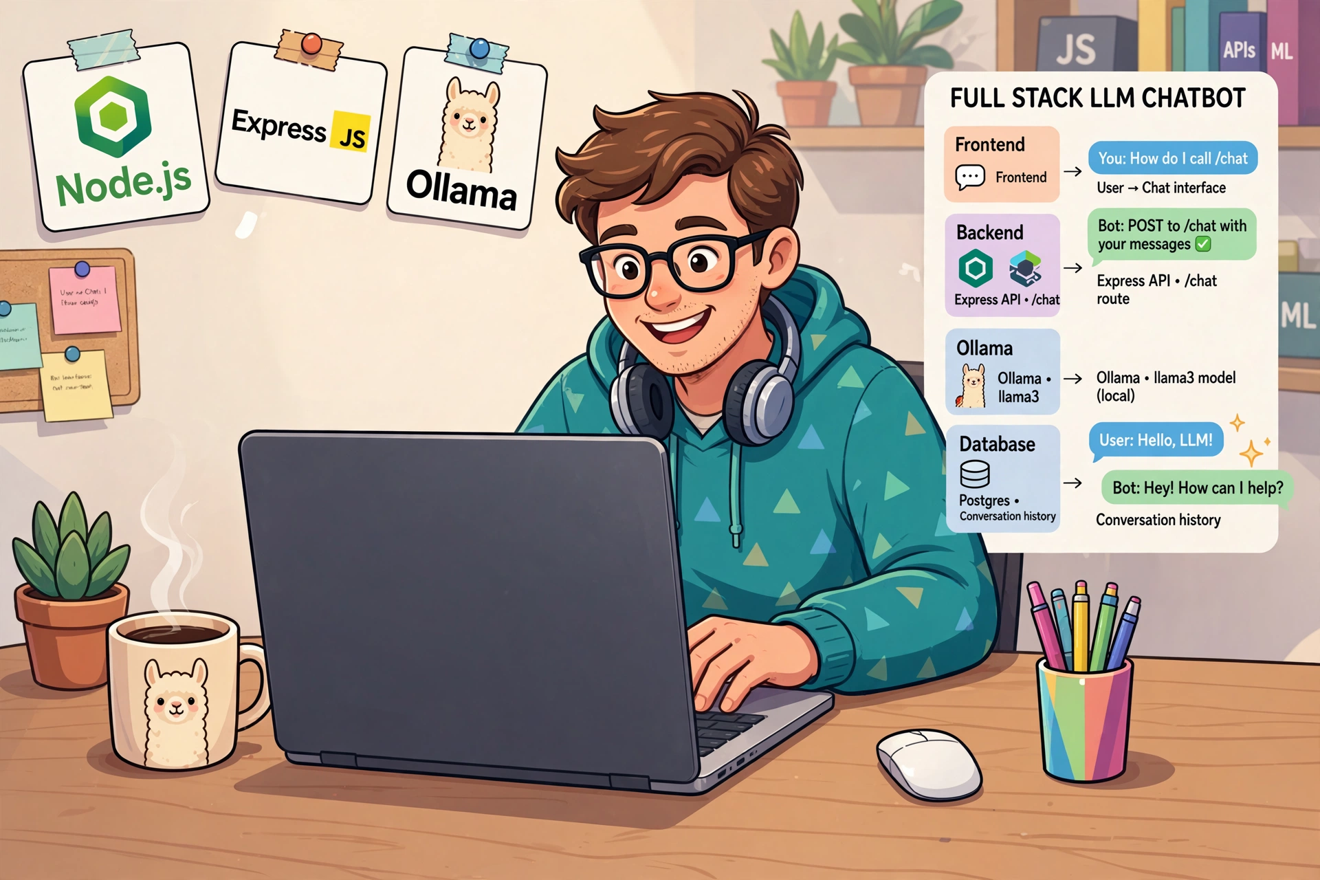 A web developer building a full stack llm web application using NodeJS, ExpressJS, and Ollama.