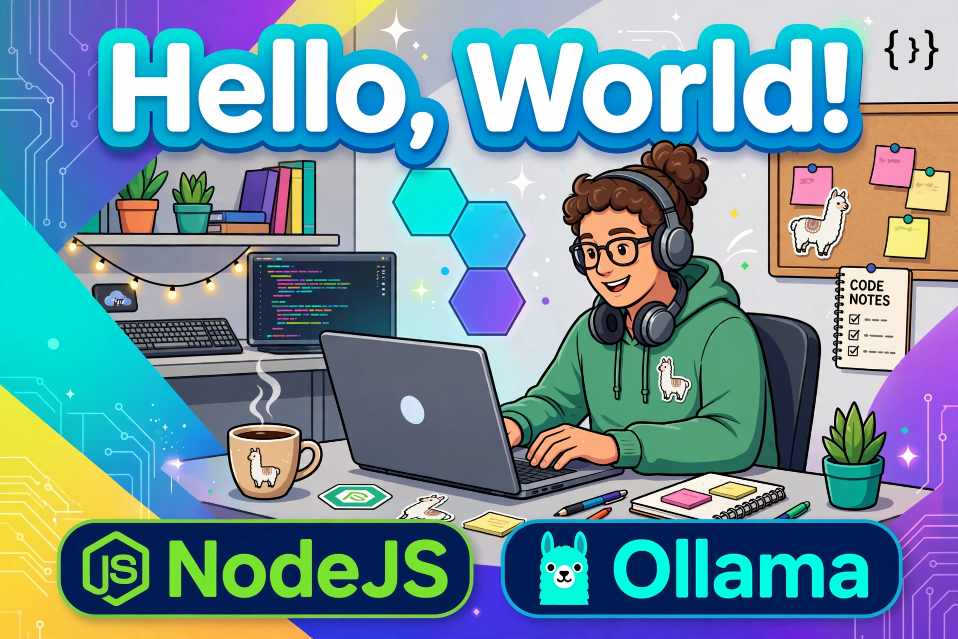 Cover image for blog post about a Hello, World type coding example for NodeJS and Ollama.