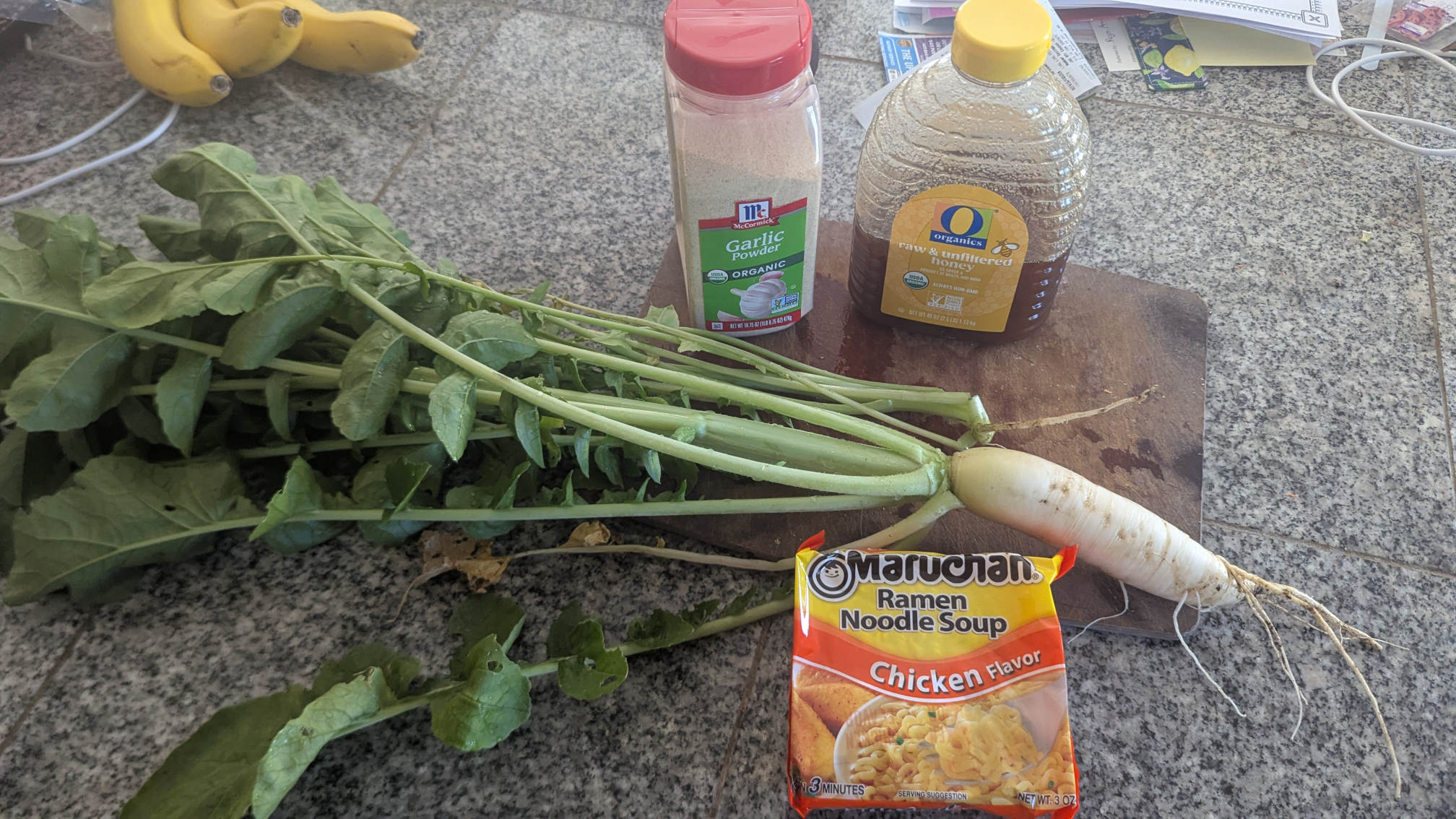 The ingredients for my honey radish ramen recipe.