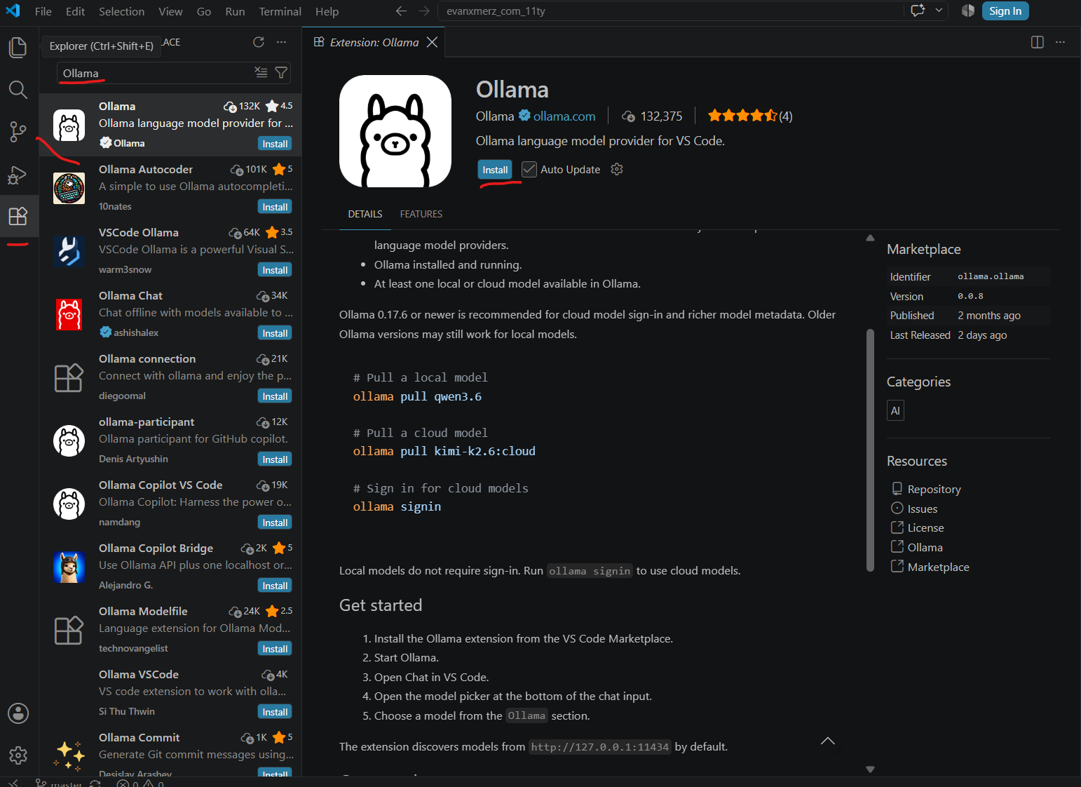 Where to click to install the Ollama extension in VS Code