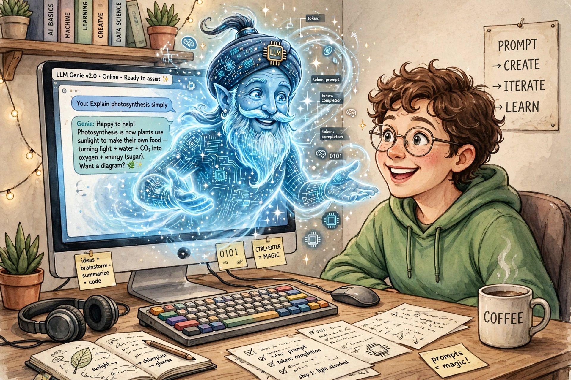 An image of an LLM as a genie appearing out of a user's desktop computer.