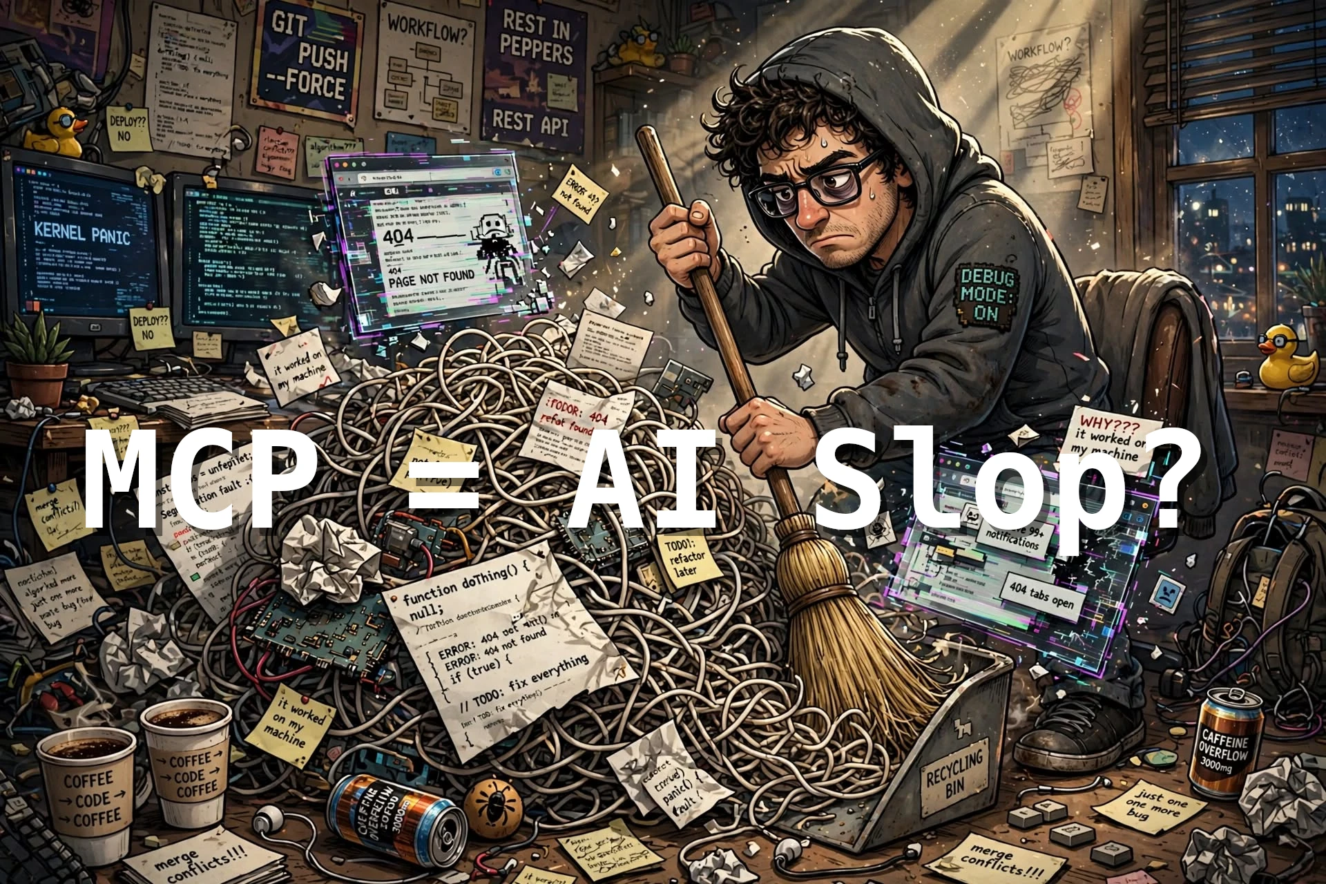 A programmer sweeping up the AI slop generated by an LLM