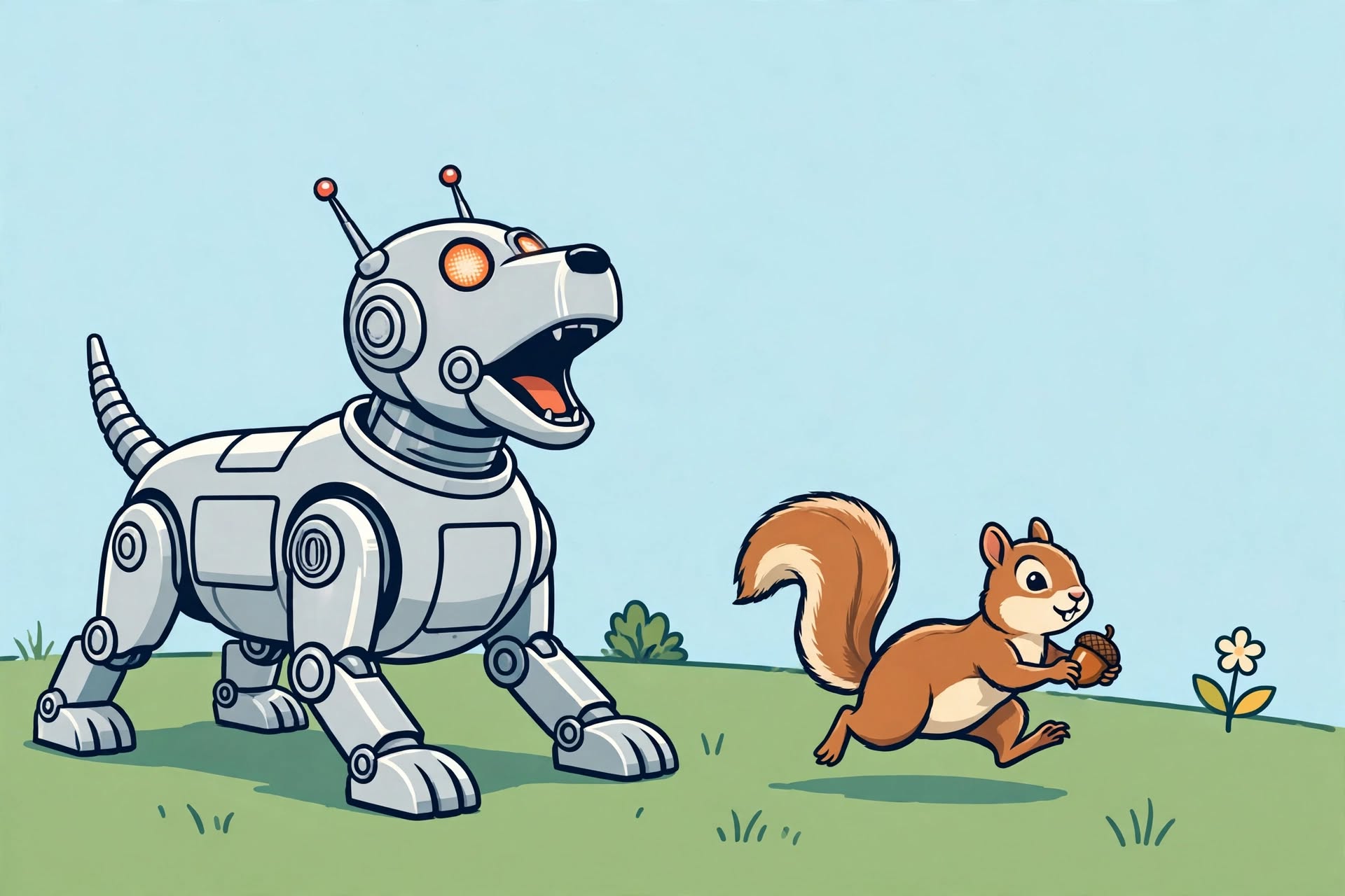 robot dog barks at squirrel