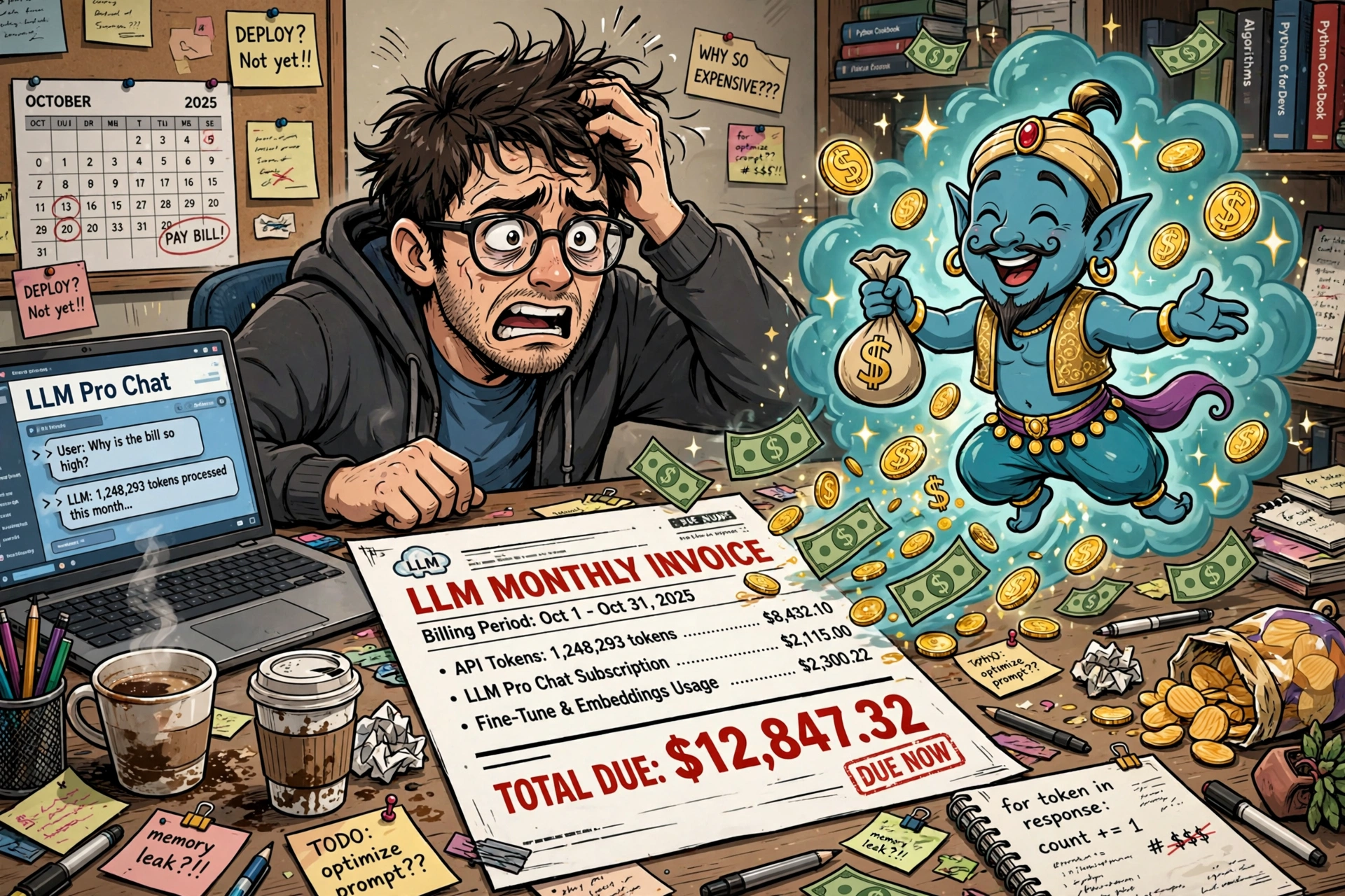An image of an expensive Large Language Model extracting money from a frustrated software developer.